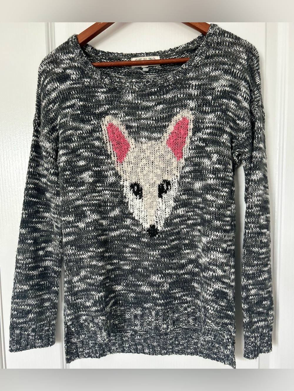 Pink Rose Women’s M Fox Sweater Gray Marled Knit Animal Graphic Slouchy Indie
